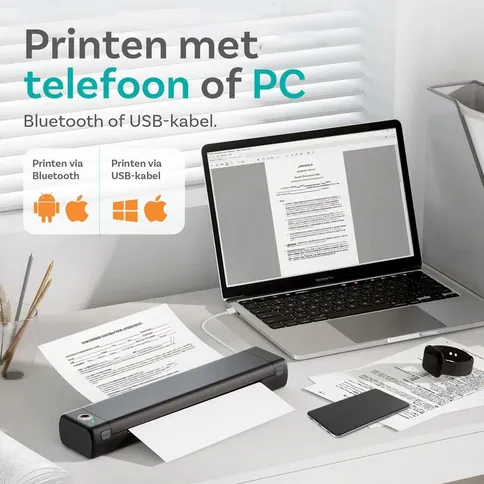 Draagbare A4 Thermische Printer Bluetooth - Inktloos, Voor IOS Android En PC, Ideaal Voor Reizen