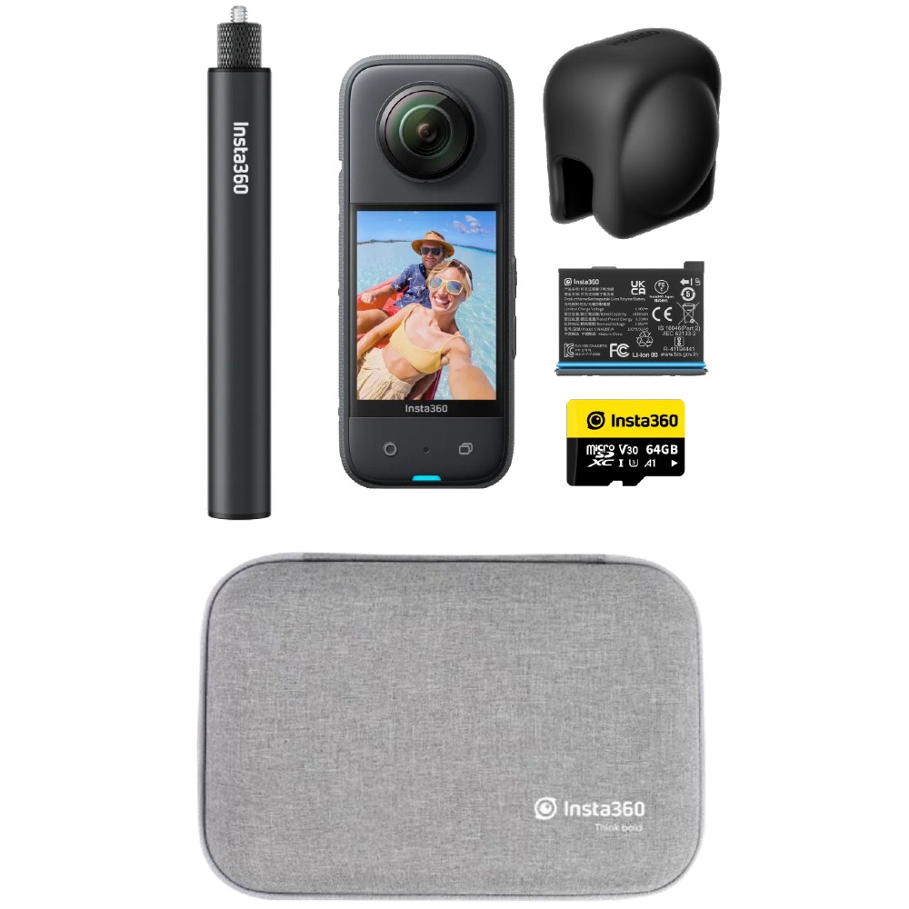Insta360 X3 Advanced Combo - Lens Cap + Extra Battery + Carry Case + 70CM Selfie Stick + 64GB SD Card