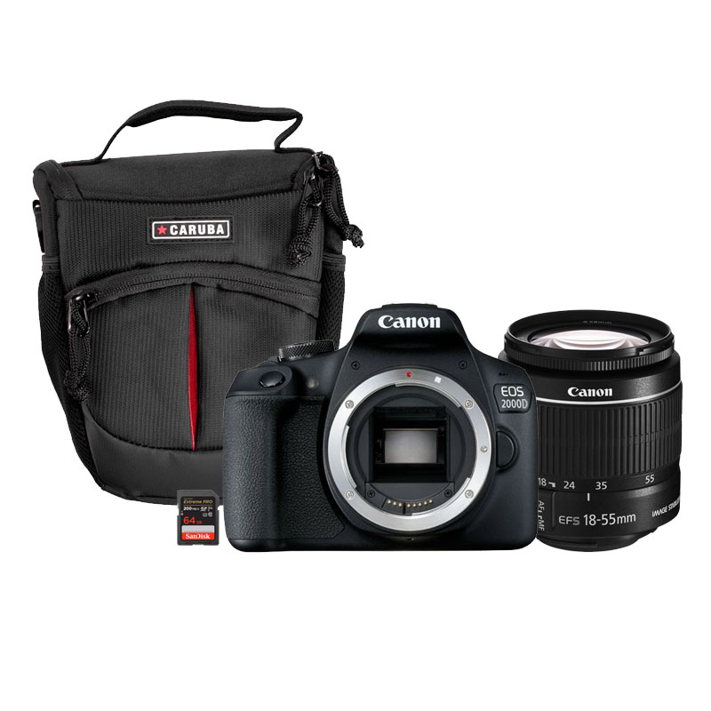 Canon EOS 2000D + EF-S 18-55mm IS II Lens + Backpack + SD Card • Price »