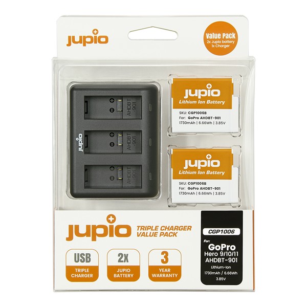 Kompaktes GoPro Enduro 1730mAh HERO + Express USB-Dreifach-Ladegerät Kamera - Jupio Akku 2x Value Pack: 9/10/11